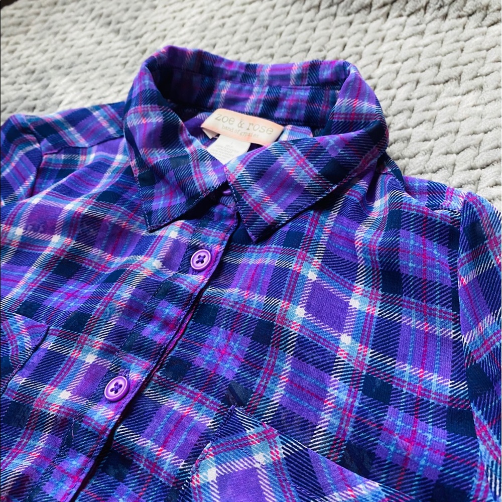 Girl’s purple plaid and paisley button down Large